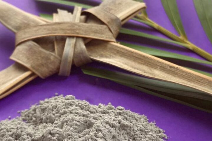 Ash Wednesday Banner with palm branch, ash and a cross